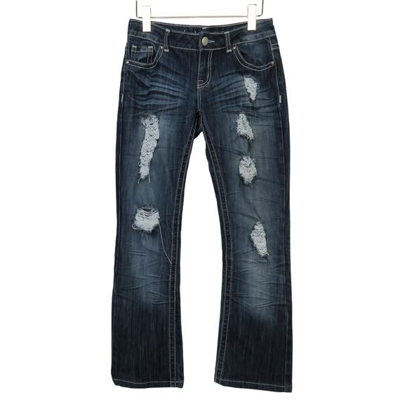 Y2k Almost Famous Ripped Low Rise Flared Jeans Size 5 Waist 28" - Picture 1 of 5